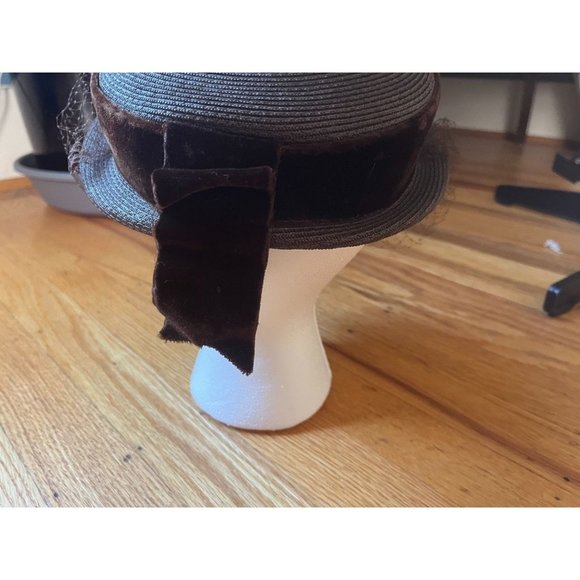 Vintage Brown Straw Hat with Velvet Ribbon by Frederick & Nelson Seattle - Picture 3 of 5